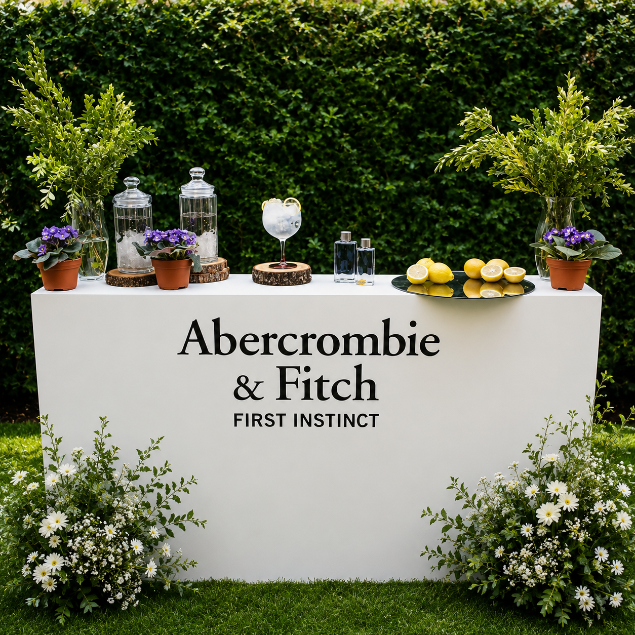 Barra blanca personalizada con branding Abercrombie & Fitch First Instinct, flores y limones.